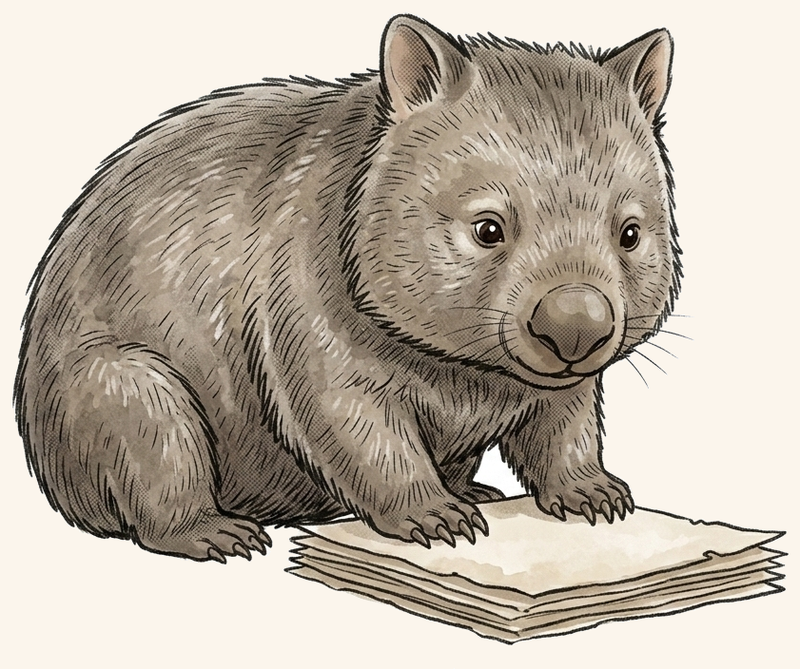 Digby the wombat leaning over an open book